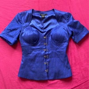 Arden B blue silky hook and eye blouse with shoulder pads and padded bust